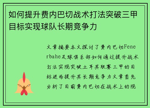 如何提升费内巴切战术打法突破三甲目标实现球队长期竞争力