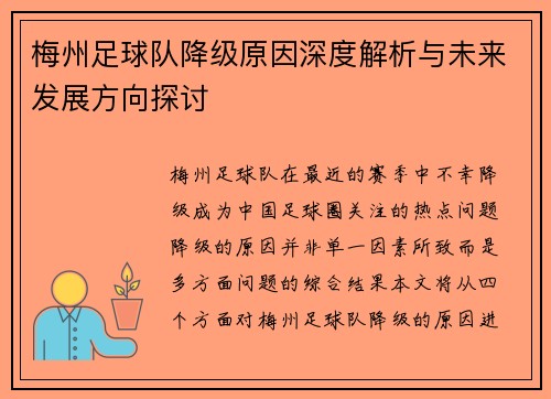 梅州足球队降级原因深度解析与未来发展方向探讨 梅州足球队降级原因深度解析与未来发展方向探讨